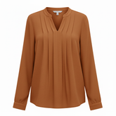 VoidVirtue Women’s Pleated Mandarin Collar Blouse – Long Sleeve Casual Chic Top (Caramel Brown)