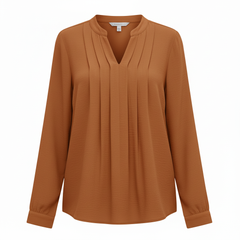 VoidVirtue Women’s Pleated Mandarin Collar Blouse – Long Sleeve Casual Chic Top (Caramel Brown)