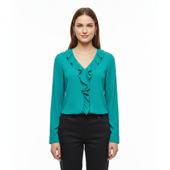 VoidVirtue Women’s Elegant Black Ruffle Front Blouse – Long Sleeve V-Neck Top