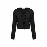 VoidVirtue Women’s Elegant Black Ruffle Front Blouse – Long Sleeve V-Neck Top