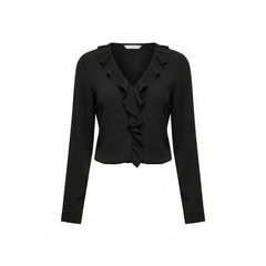VoidVirtue Women’s Elegant Black Ruffle Front Blouse – Long Sleeve V-Neck Top