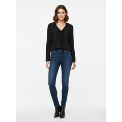 VoidVirtue Women’s Elegant Black Ruffle Front Blouse – Long Sleeve V-Neck Top