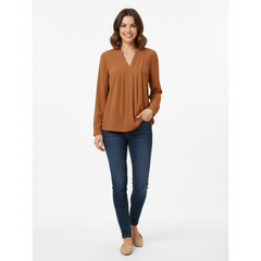 VoidVirtue Women’s Pleated Mandarin Collar Blouse – Long Sleeve Casual Chic Top (Caramel Brown)