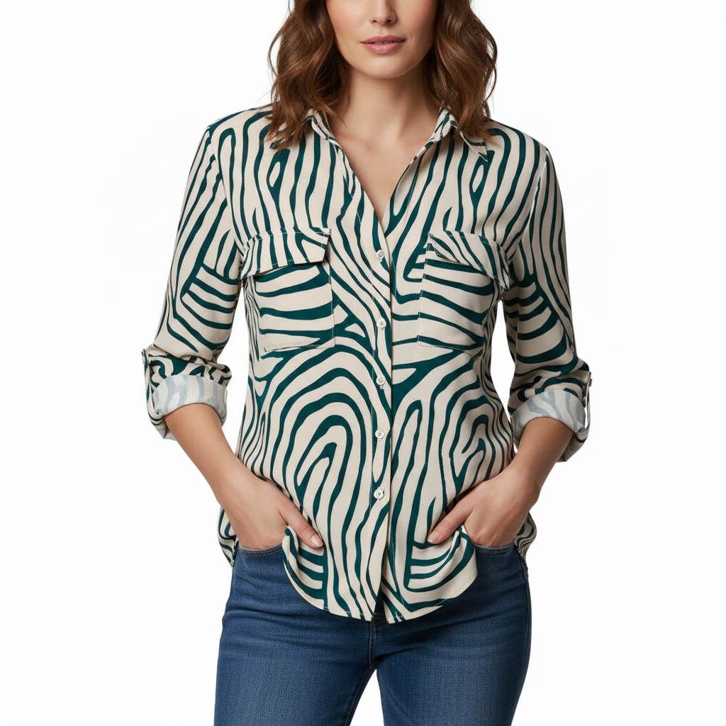 VoidVirtue Women’s Safari Chic Zebra Print Button-Down Shirt – Casual Long Sleeve Top