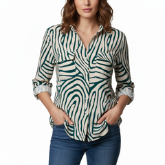 VoidVirtue Women’s Safari Chic Zebra Print Button-Down Shirt – Casual Long Sleeve Top