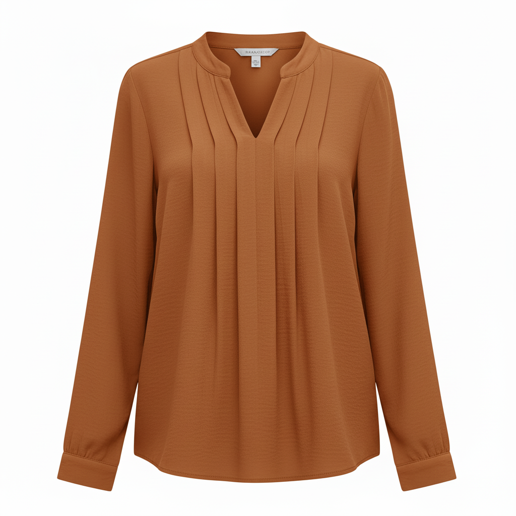 VoidVirtue Women’s Pleated Mandarin Collar Blouse – Long Sleeve Casual Chic Top (Caramel Brown)