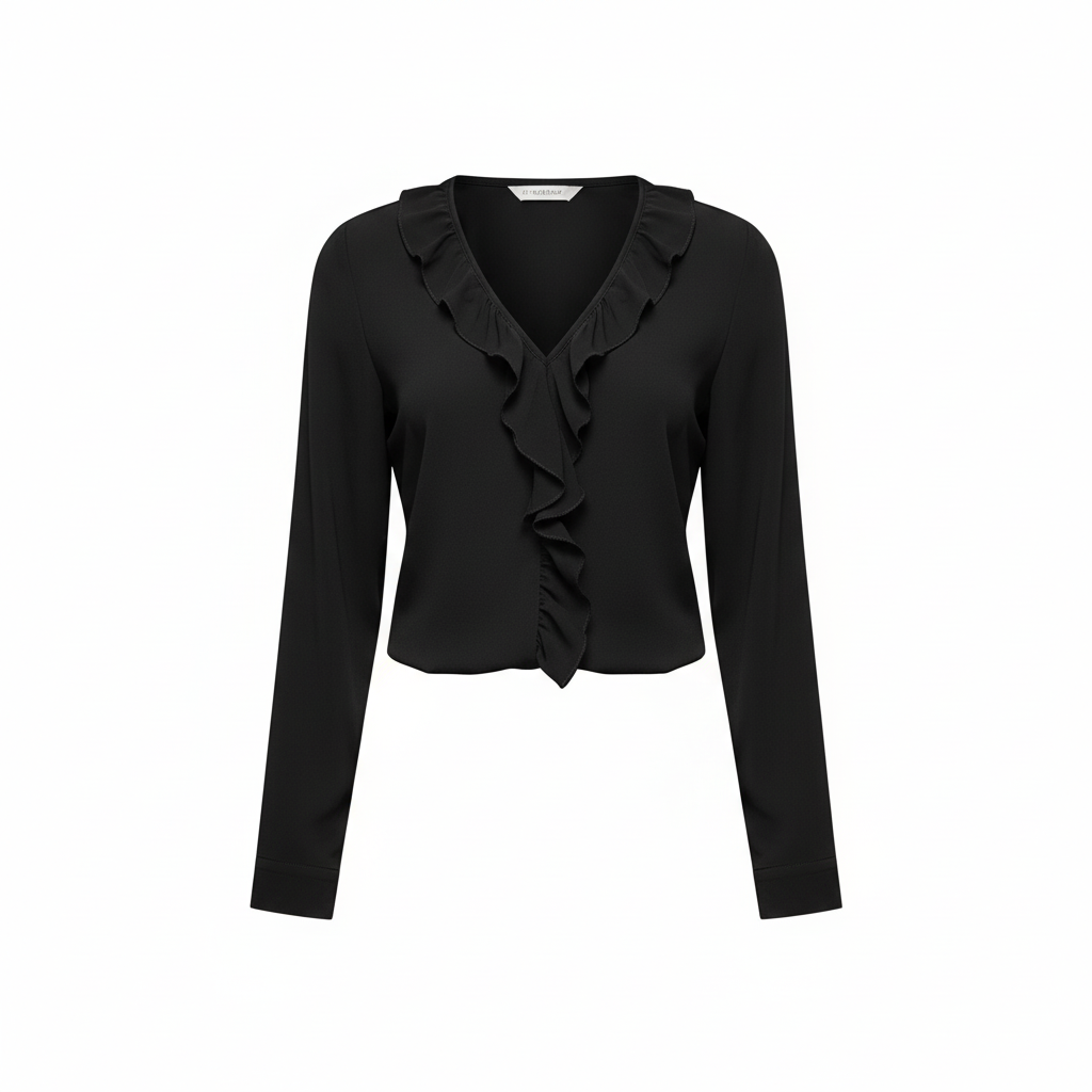 VoidVirtue Women’s Elegant Black Ruffle Front Blouse – Long Sleeve V-Neck Top